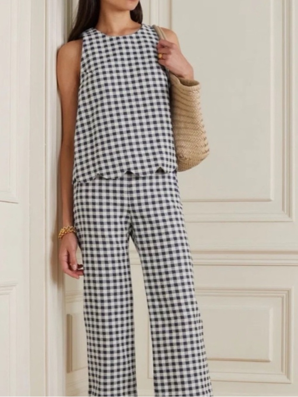 Lisa Mara Fernandez Tank Top Gingham Boucle Scallop Hem in Navy White